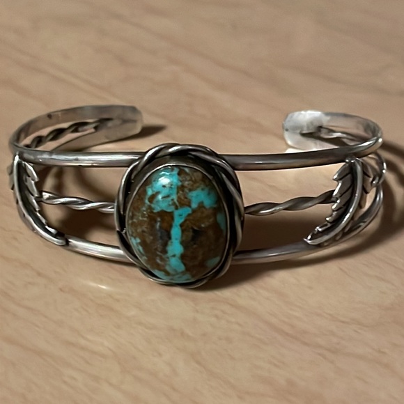 Native American Large Bisbee Turquoise Sterling Cuff Bracelet - Picture 1 of 9